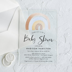 Cute Blue en Brown Waterverf Rainbow-Baby shower Acryl Uitnodigingen