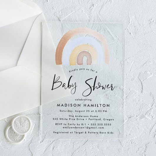 Cute Blue en Brown Waterverf Rainbow-Baby shower Acryl Uitnodigingen
