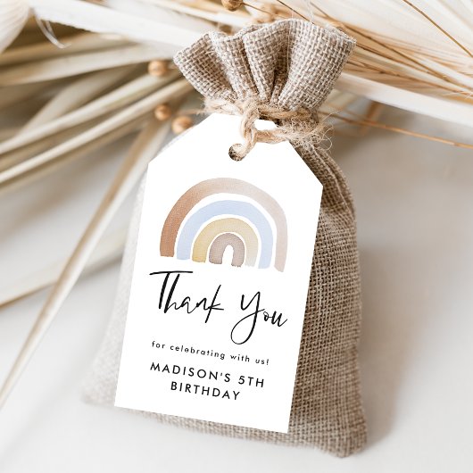 Cute Blue en Brown Waterverf Rainbow Birthday Cadeaulabel