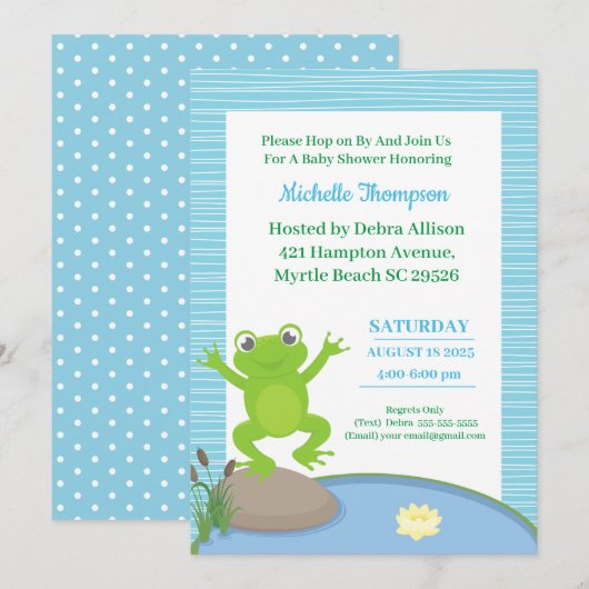 Cute Blue en Green Frog Baby shower Invitation Kaart (Voorkant / Achterkant)