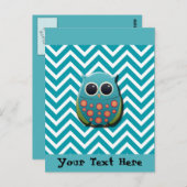 Cute Blue en Green Owl op Blue and White Chevron Briefkaart (Voorkant / Achterkant)