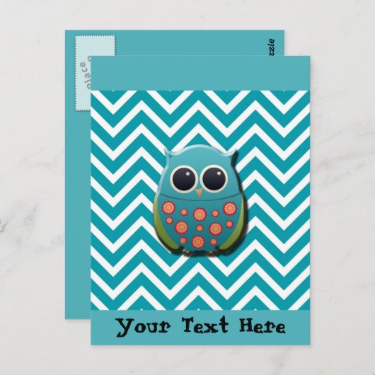 Cute Blue en Green Owl op Blue and White Chevron Briefkaart (Voorkant / Achterkant)