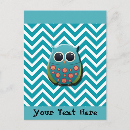 Cute Blue en Green Owl op Blue and White Chevron Briefkaart (Voorkant)