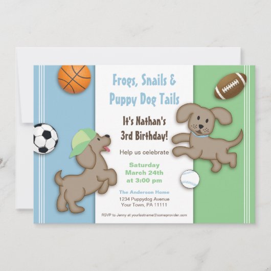 Cute Blue en Green Sporty Puppy Invitation Kaart (Voorkant)