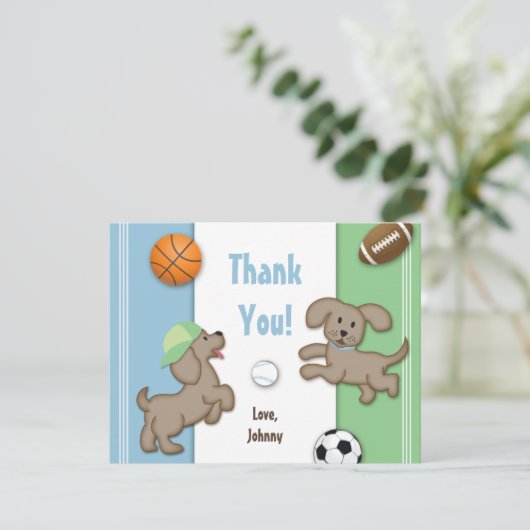 Cute Blue en Green Sporty Puppy Note Card Bedankkaart (Staand voorkant)
