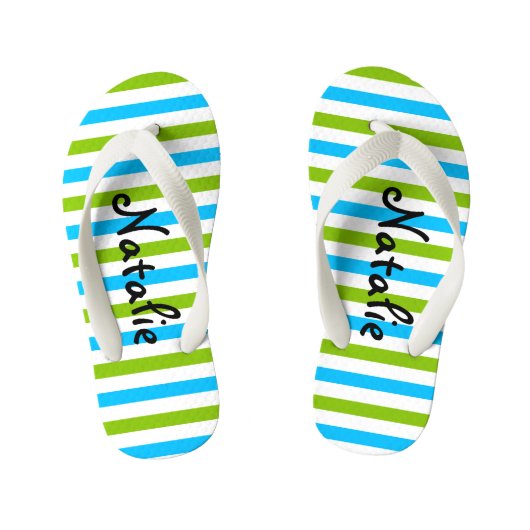 Cute Blue en Green Stripe Persoonlijk Kinder Teenslippers (Voetbed)