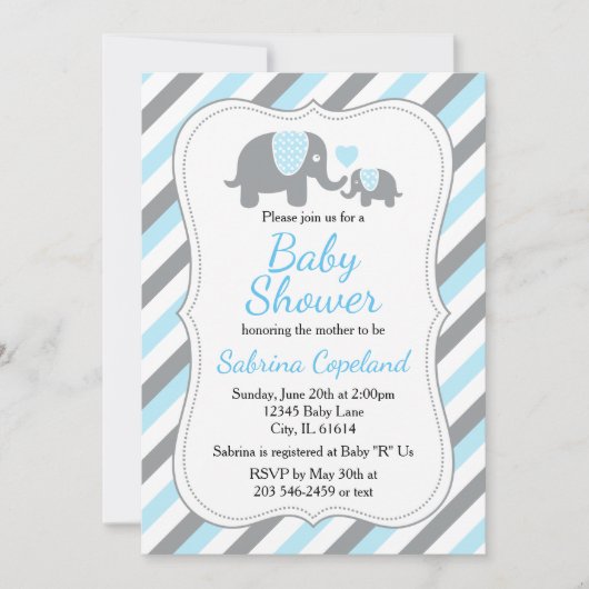 Cute Blue en Grey Stripe Elephant Baby shower Kaart (Voorkant)