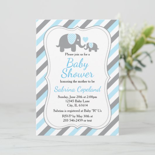 Cute Blue en Grey Stripe Elephant Baby shower Kaart (Staand voorkant)