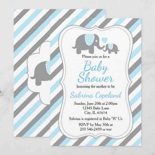 Cute Blue en Grey Stripe Elephant Baby shower Kaart (Voorkant / Achterkant)