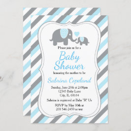 Cute Blue en Grey Stripe Elephant Baby shower Kaart