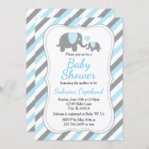 Cute Blue en Grey Stripe Elephant Baby shower Kaart