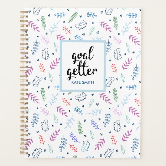 Cute Blue en Leaves Pattern met Hearts Planner (Voorkant)