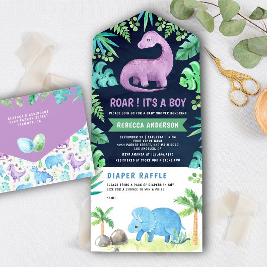 Cute Blue en Paars Dinosaur Navy Baby shower All In One Uitnodiging