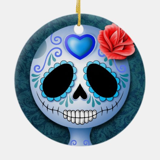 Cute Blue en Paarse Sugar Skull Keramisch Ornament (Achterkant)