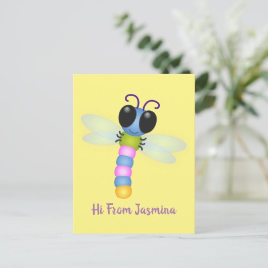 Cute blue en roze dragonfly cartoon illustratie briefkaart (Staand voorkant)