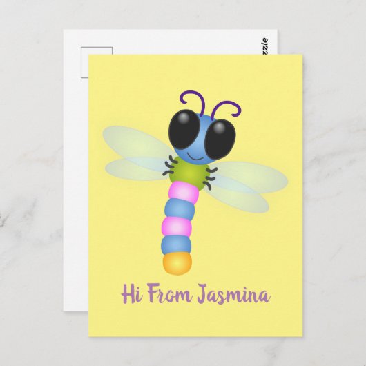Cute blue en roze dragonfly cartoon illustratie briefkaart (Voorkant / Achterkant)