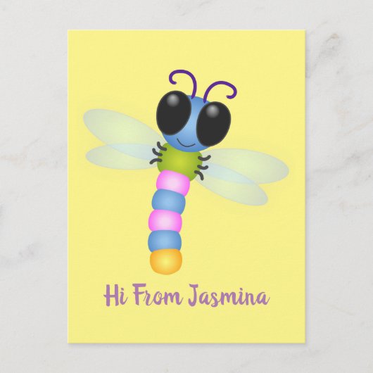 Cute blue en roze dragonfly cartoon illustratie briefkaart (Voorkant)