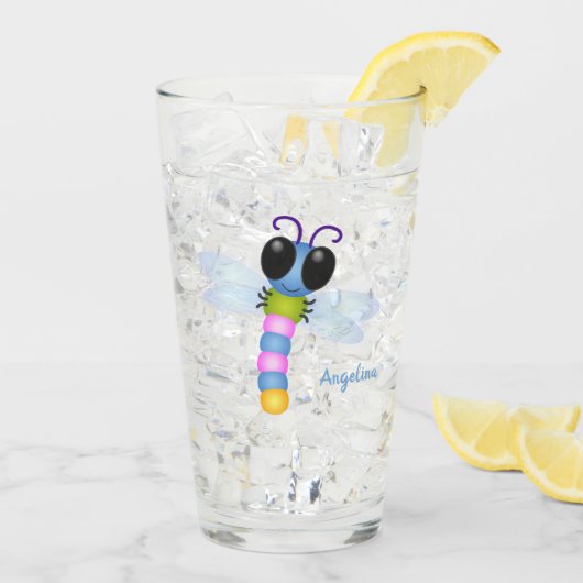Cute blue en roze dragonfly cartoon illustratie glas (Achterkant ijs)
