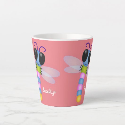 Cute blue en roze dragonfly cartoon illustratie latte mok (Voorkant)