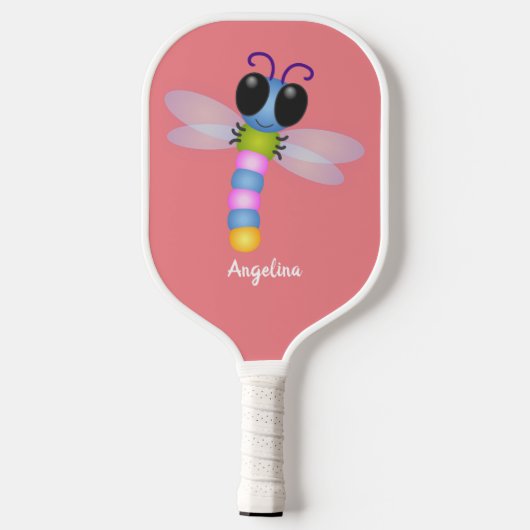 Cute blue en roze dragonfly cartoon illustratie pickleball paddle (Achterkant)