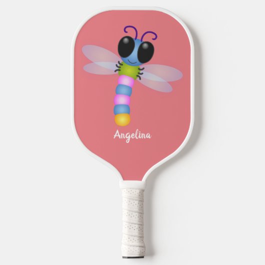 Cute blue en roze dragonfly cartoon illustratie pickleball paddle (Voorkant)