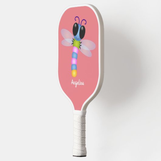 Cute blue en roze dragonfly cartoon illustratie pickleball paddle (Links)