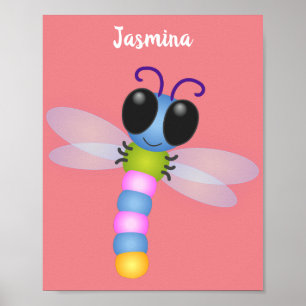 Cute blue en roze dragonfly cartoon illustratie poster