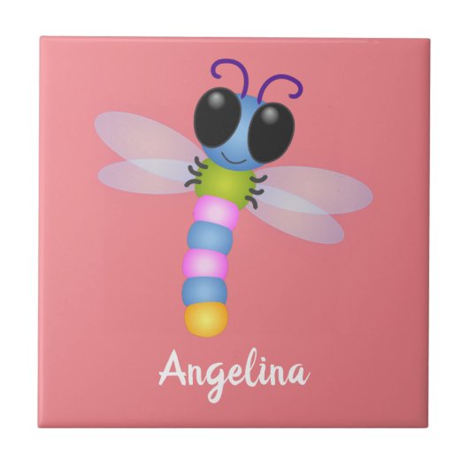 Cute blue en roze dragonfly cartoon illustratie tegeltje (Voorkant)