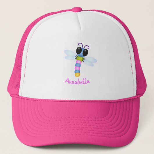 Cute blue en roze dragonfly cartoon illustratie trucker pet (Voorkant)