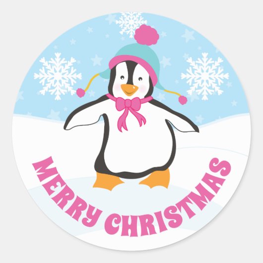 Cute Blue en Roze Pet Kerstmis Penguin Ronde Sticker (Voorkant)