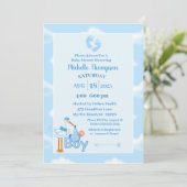 Cute Blue en White Baby Stork Shower Kaart (Staand voorkant)