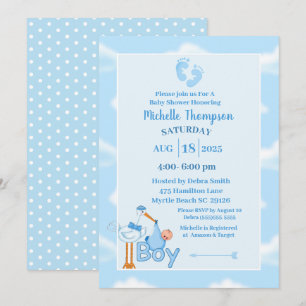 Cute Blue en White Baby Stork Shower Kaart