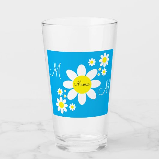 Cute Blue en White Daisies Floral Custom Name Glas (Voorkant)