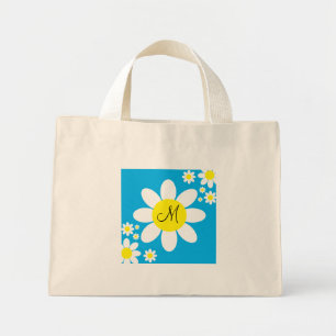 Cute Blue en White Daisies Floral Single Initiaal Mini Tote Bag