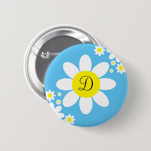 Cute Blue en White Daisy Single Initiaal Button (Voorkant /achterkant)