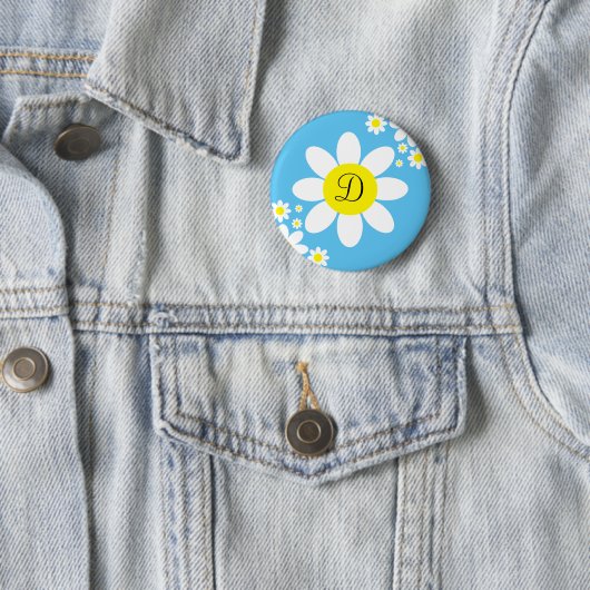 Cute Blue en White Daisy Single Initiaal Button (In situ)