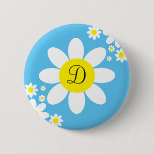 Cute Blue en White Daisy Single Initiaal Button