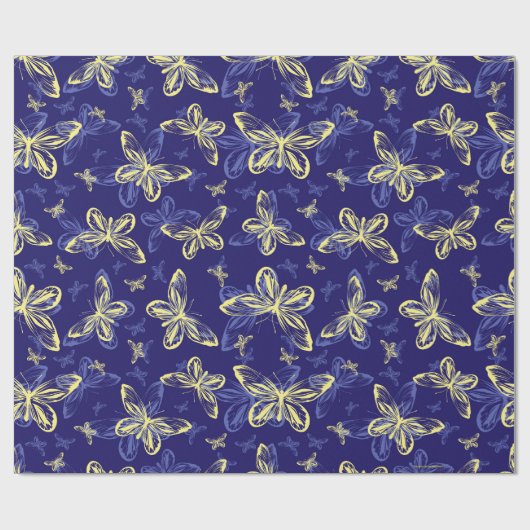 Cute Blue en Yellow Butterfly Illustrated Pattern Cadeaupapier (Vlak)