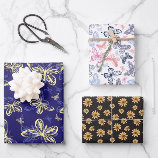 Cute Blue en Yellow Butterfly Illustrated Pattern Inpakpapier Vel (Voorkant)