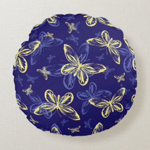 Cute Blue en Yellow Butterfly Illustrated Pattern Rond Kussen