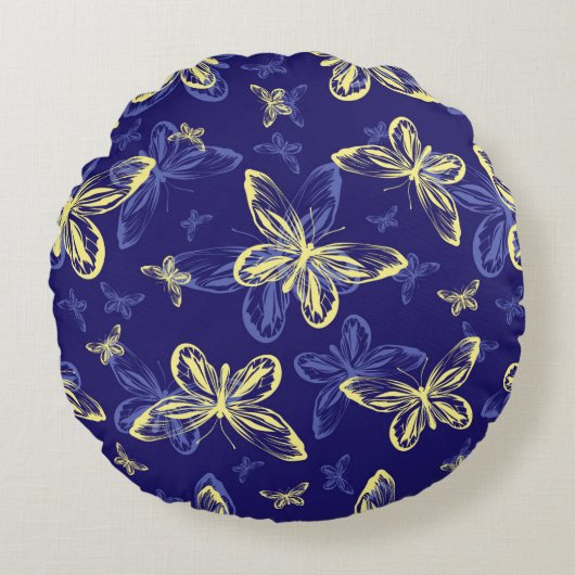 Cute Blue en Yellow Butterfly Illustrated Pattern Rond Kussen (Voorkant)