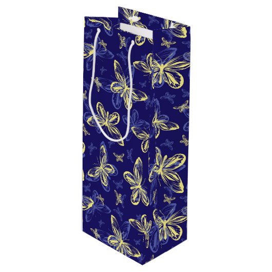 Cute Blue en Yellow Butterfly Illustrated Pattern Wijn Cadeautas (Voorkant Gekanteld)