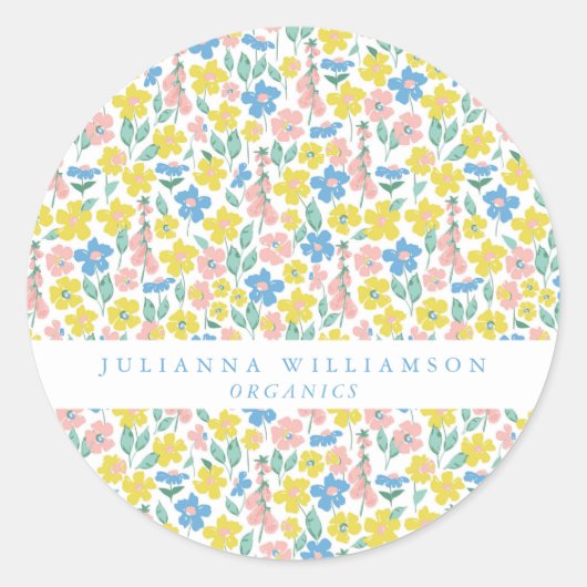 Cute Blue en Yellow Ditsy Floral Modern Ronde Sticker (Voorkant)