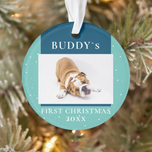 Cute Blue First Kerstpuppy Dog Foto Ornament (Boom)