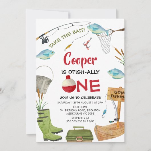 Cute Blue Fishing Ofishally One 1st Birthday  Kaart (Voorkant)