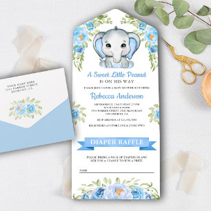 Cute Blue Floral Elephant Baby shower All In One Uitnodiging
