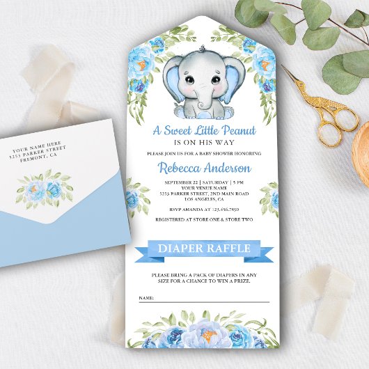 Cute Blue Floral Elephant Baby shower All In One Uitnodiging