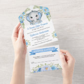 Cute Blue Floral Elephant Baby shower All In One Uitnodiging (Afscheurbaar)