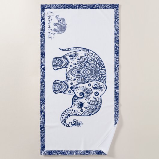 Cute Blue Floral Paisley Elephant Illustration Strandlaken (Voorkant)