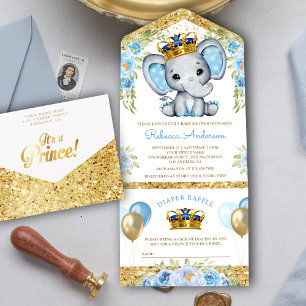Cute Blue Floral Prince Elephant Baby shower All In One Uitnodiging